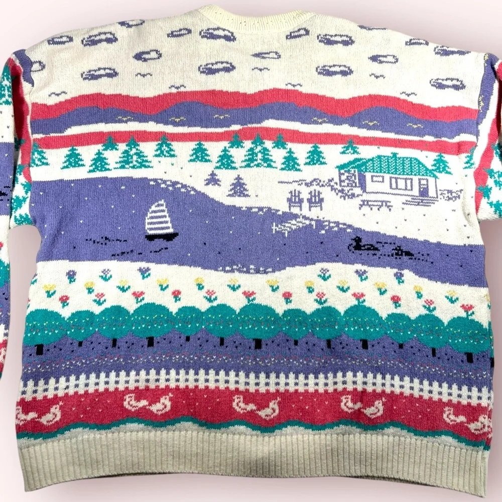 Vintage 90s Northern Reflections Pink Purple Duck Lake Nature Scene Cardigan XL